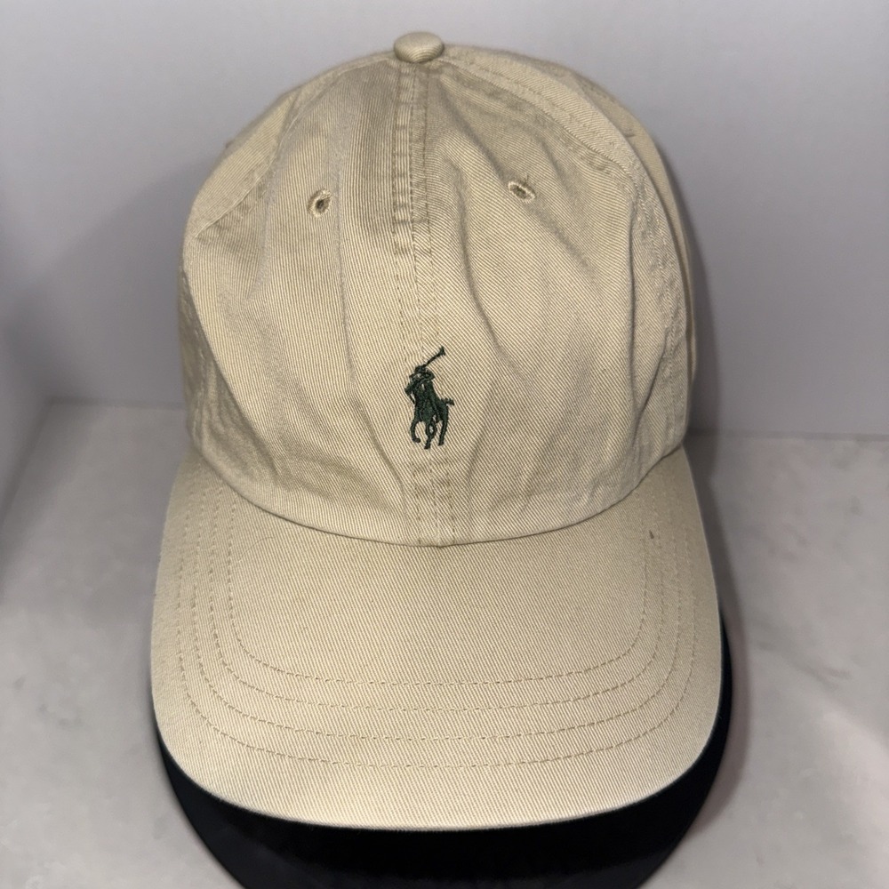 Polo Ralph Lauren Strapback Hat Baseball Cap tan blue Pony Logo Embroidered EUC